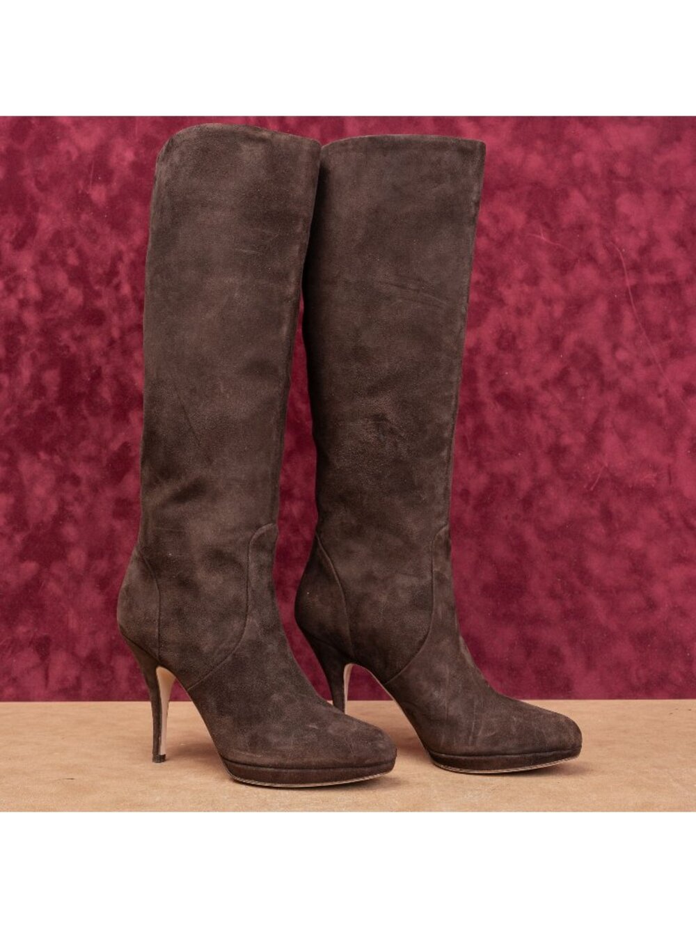 Salvatore Ferragamo Women Brown Suede Slip-on Fashion Heel Party Boots sz 10